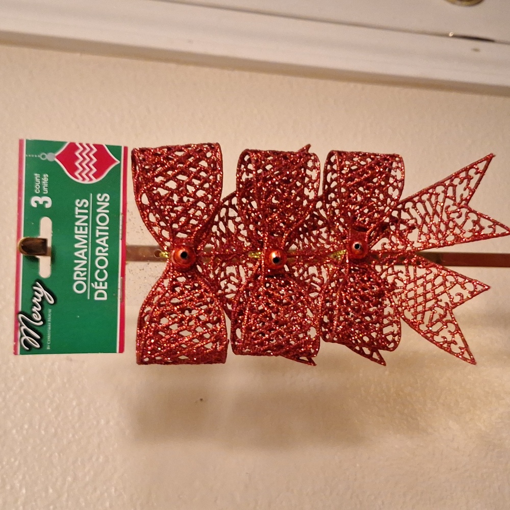 3 pack red sparkley bow tree ornaments